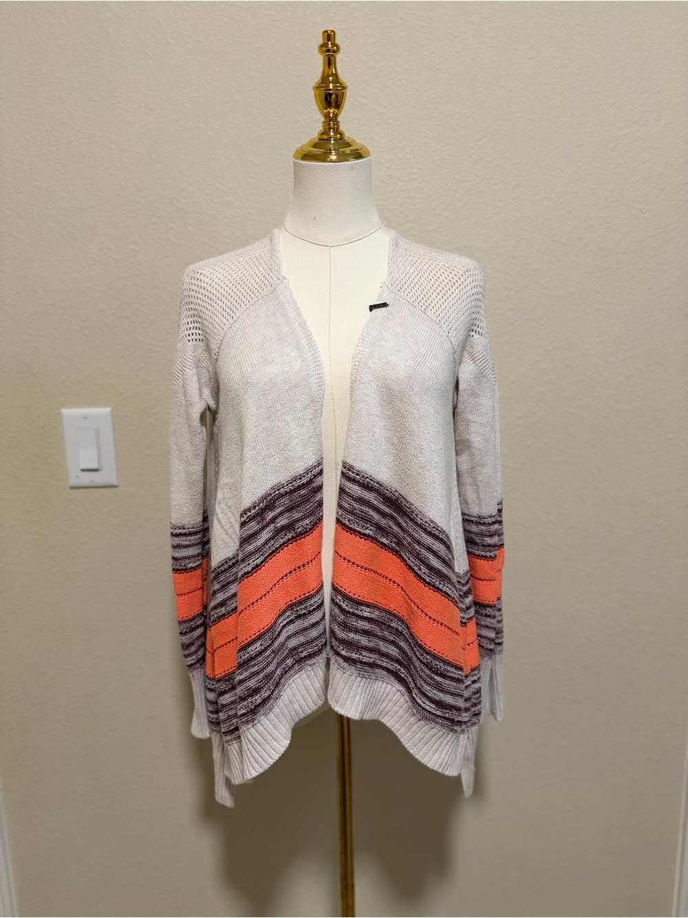 Fox Open-Front Cream Cardigan with Coral and Gray Stripe Accents